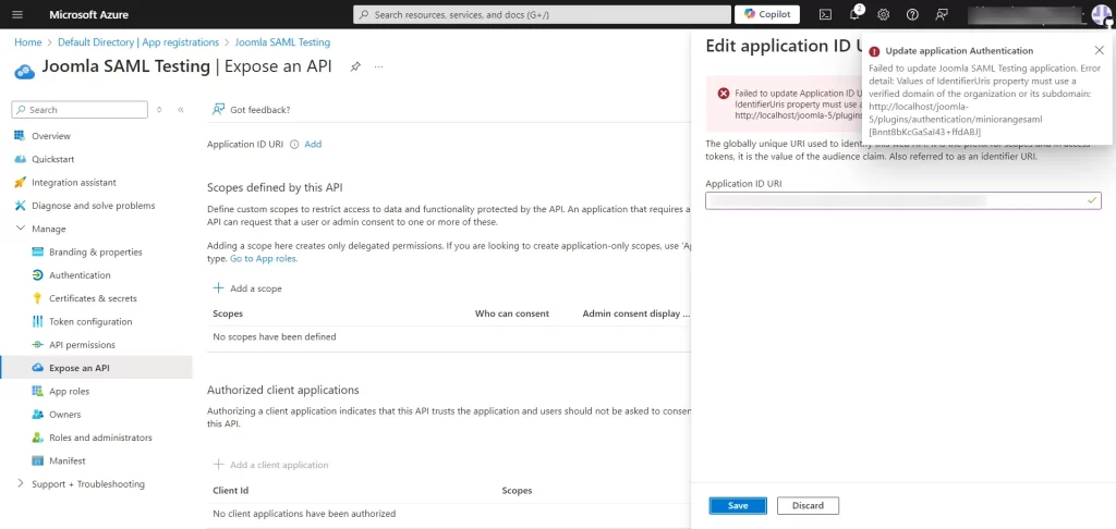 Joomla SAML SP Azure AD - Edit Application ID