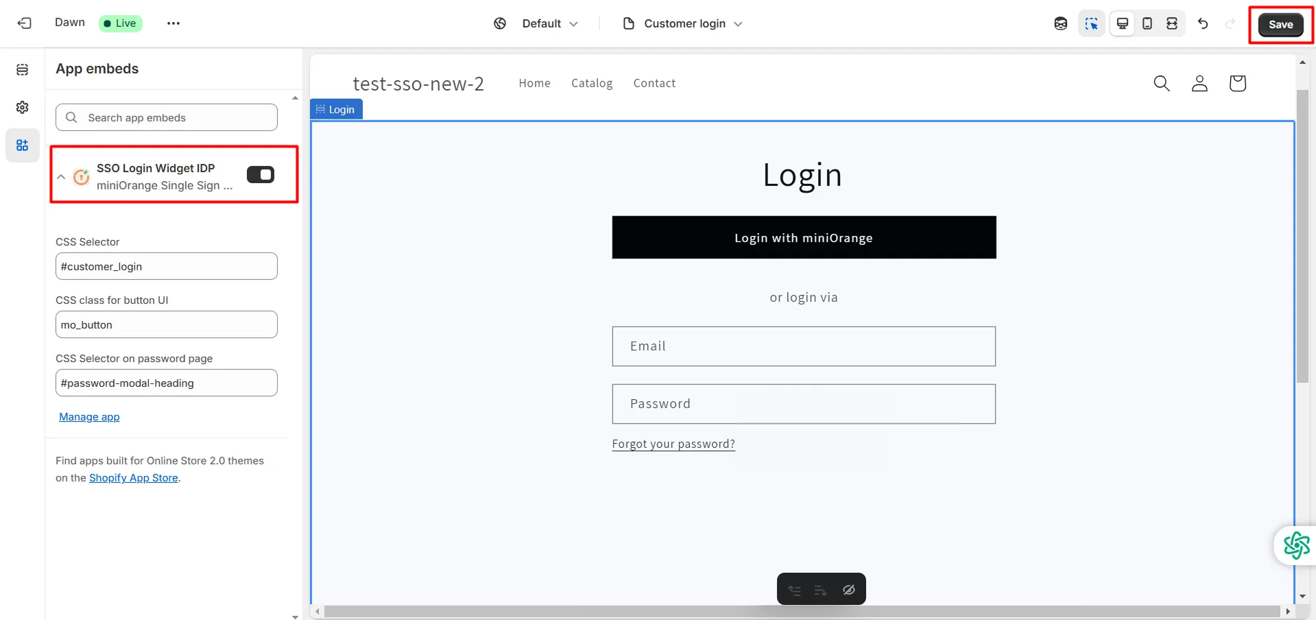 Shopify SSO - Enable SSO Button widget