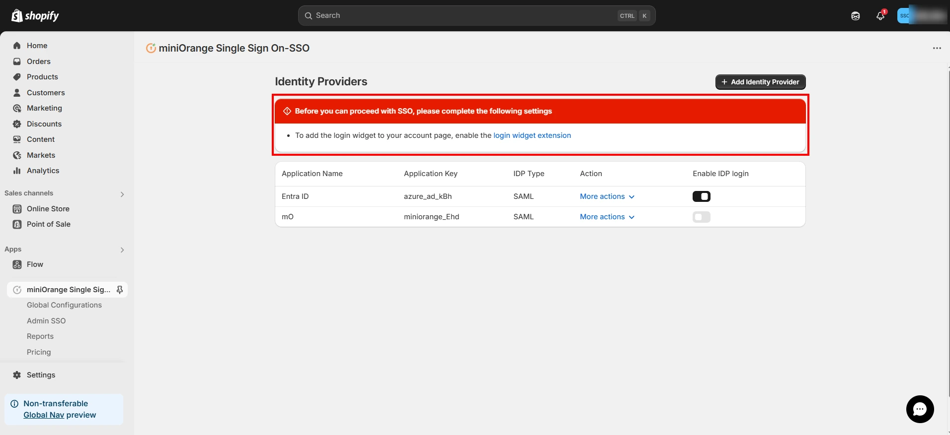 Shopify SSO Enable Login Widget