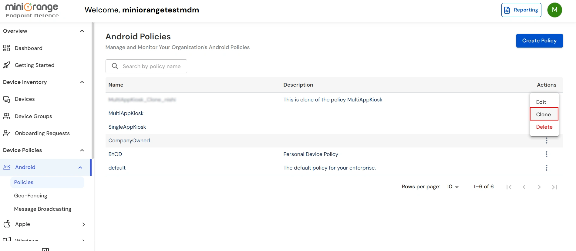 Clone Android device policy from policy list
