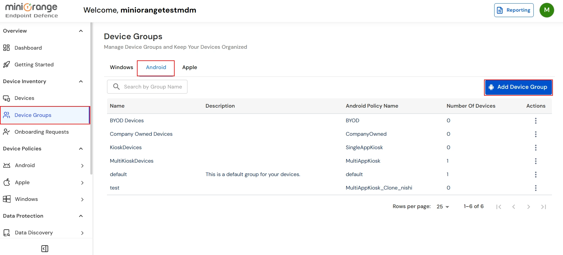 Create new Android device group in dashboard