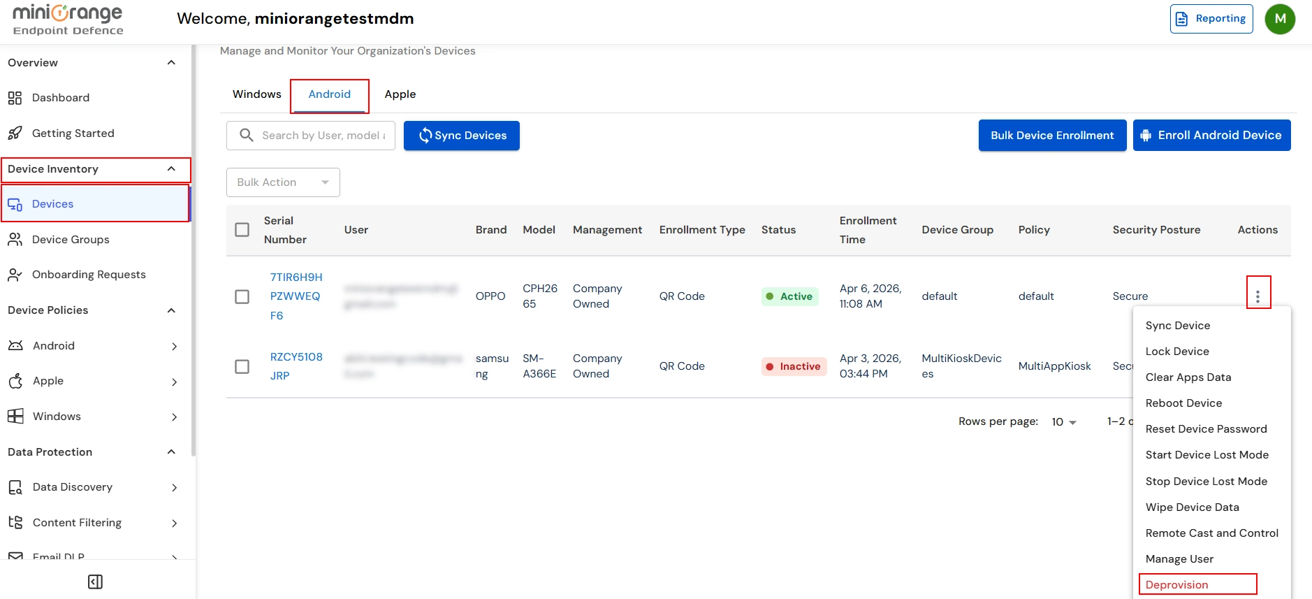 Deprovision device from Android device inventory in miniOrange UEM dashboard