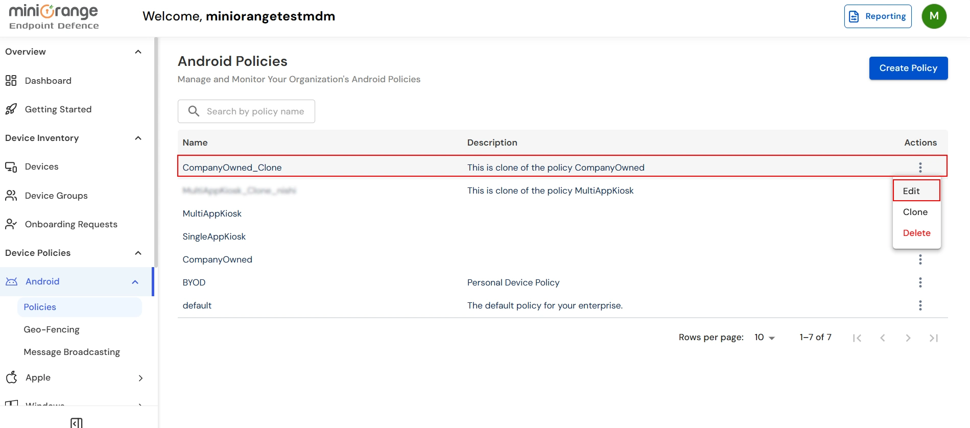 Edit cloned Android device policy settings