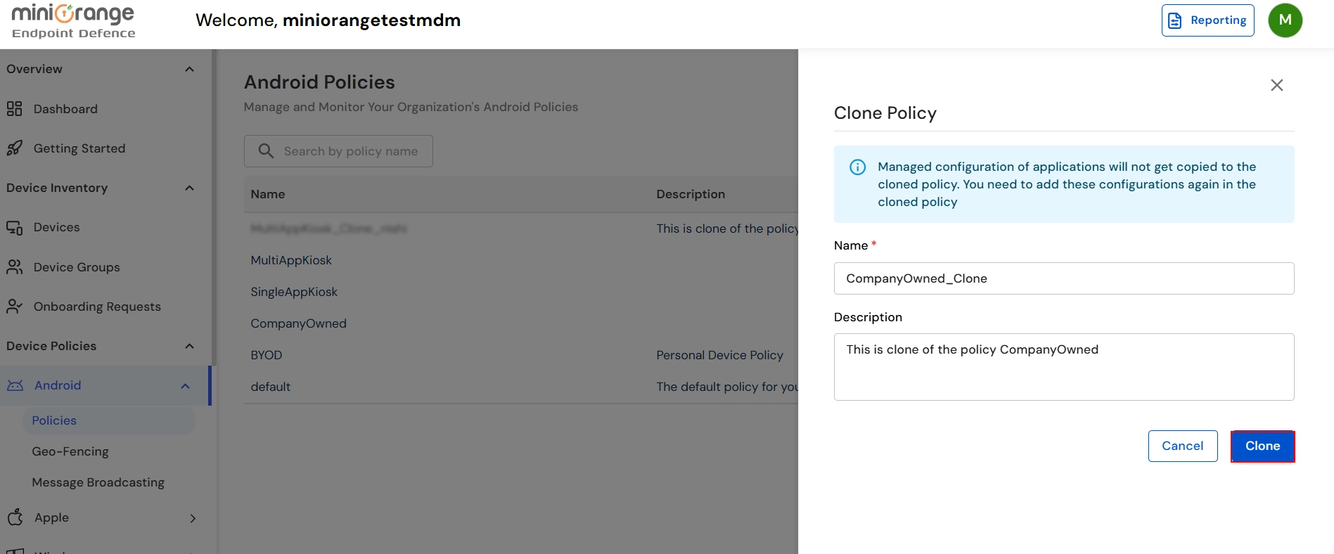 Enter details while creating cloned Android policy