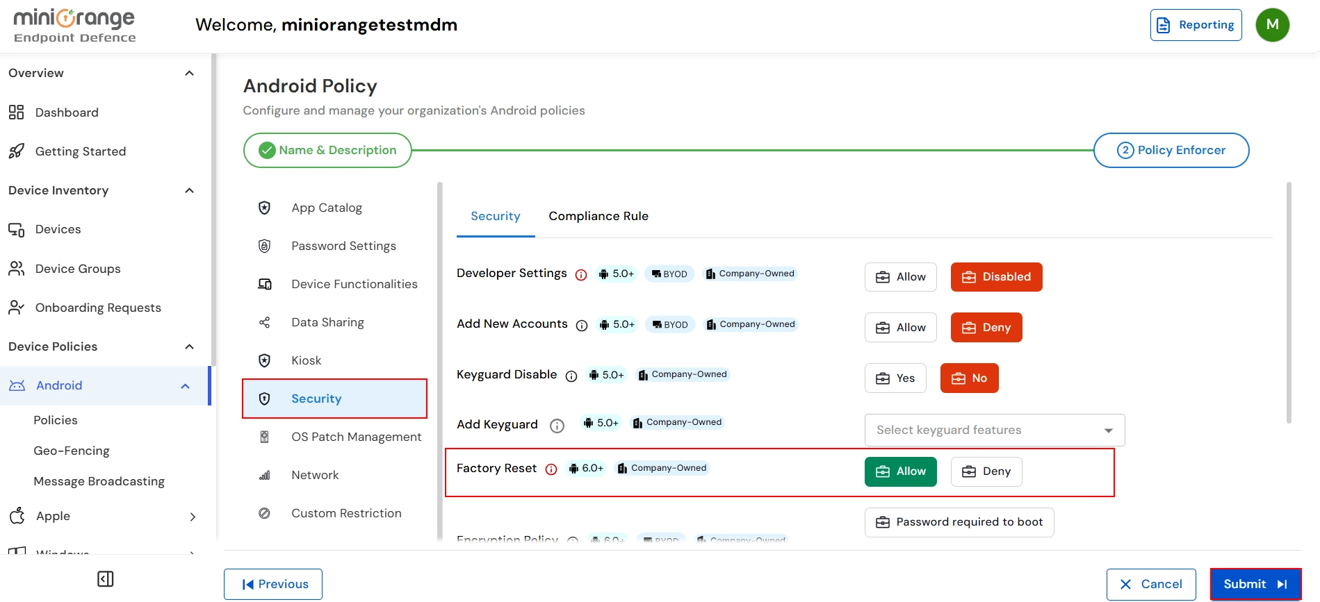 Enable factory reset option in Android policy security settings