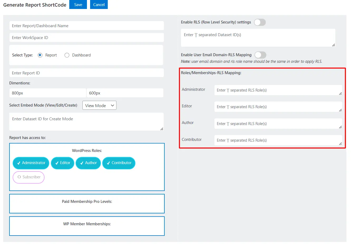 Row Level Security in WordPress PowerBI - Provide Workspace ID and Report ID