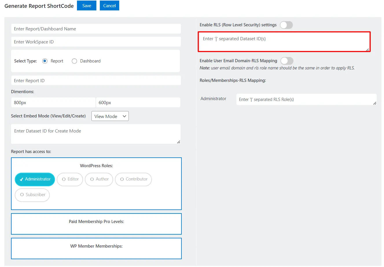 Row Level Security in WordPress PowerBI - Provide Workspace ID and Report ID