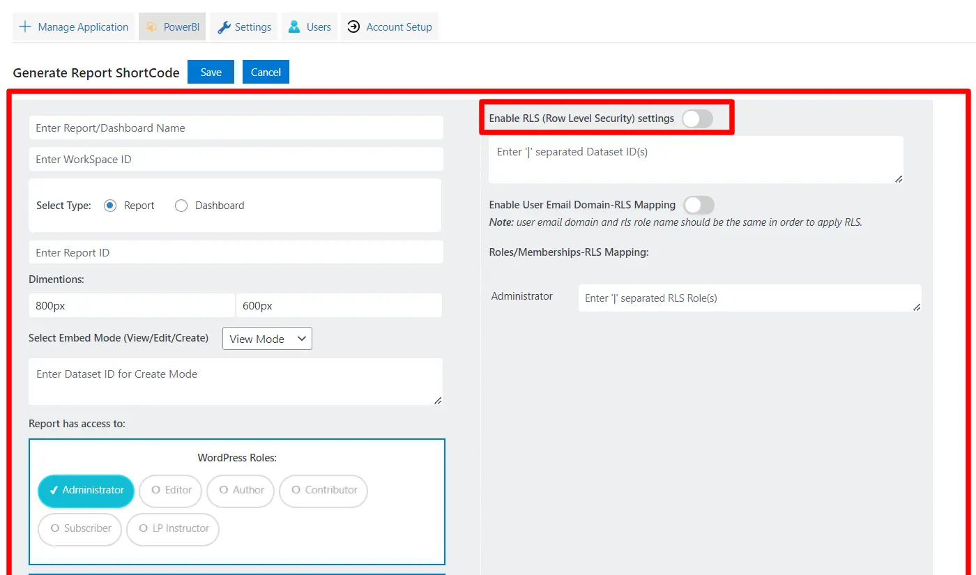 Row Level Security in WordPress PowerBI - Enable RLS toggle