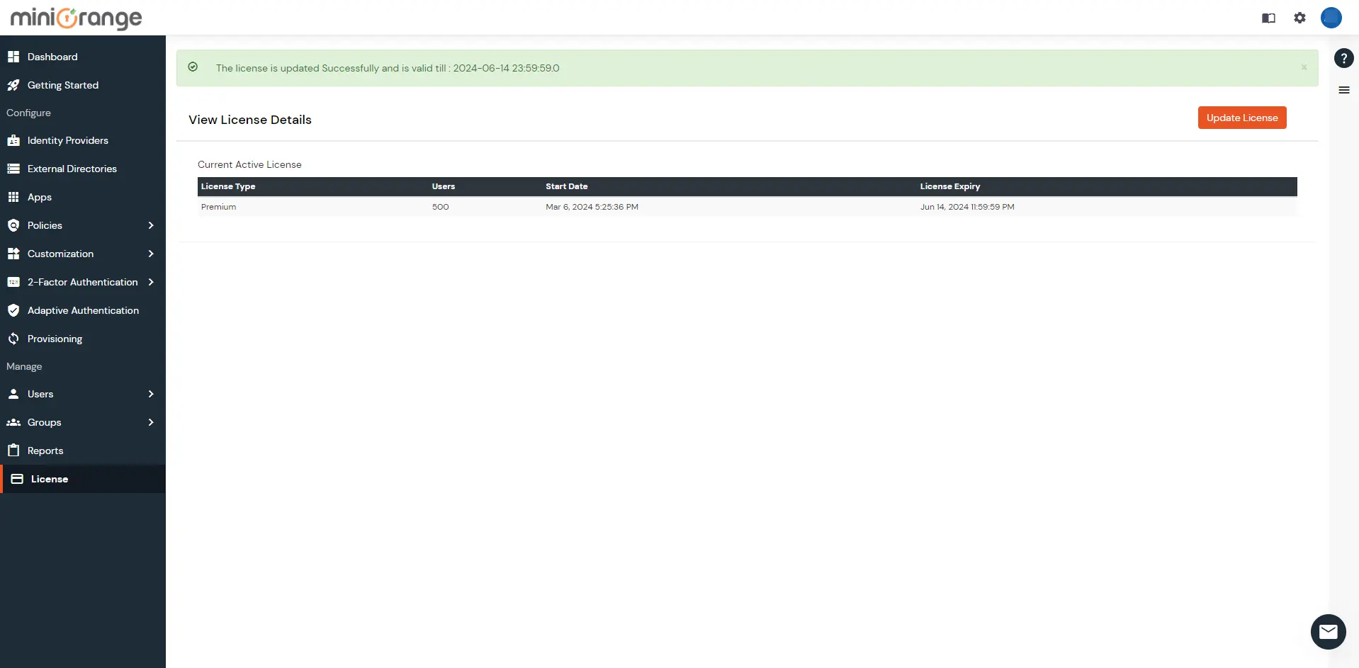 miniOrange admin dashboard shown the license details in license page