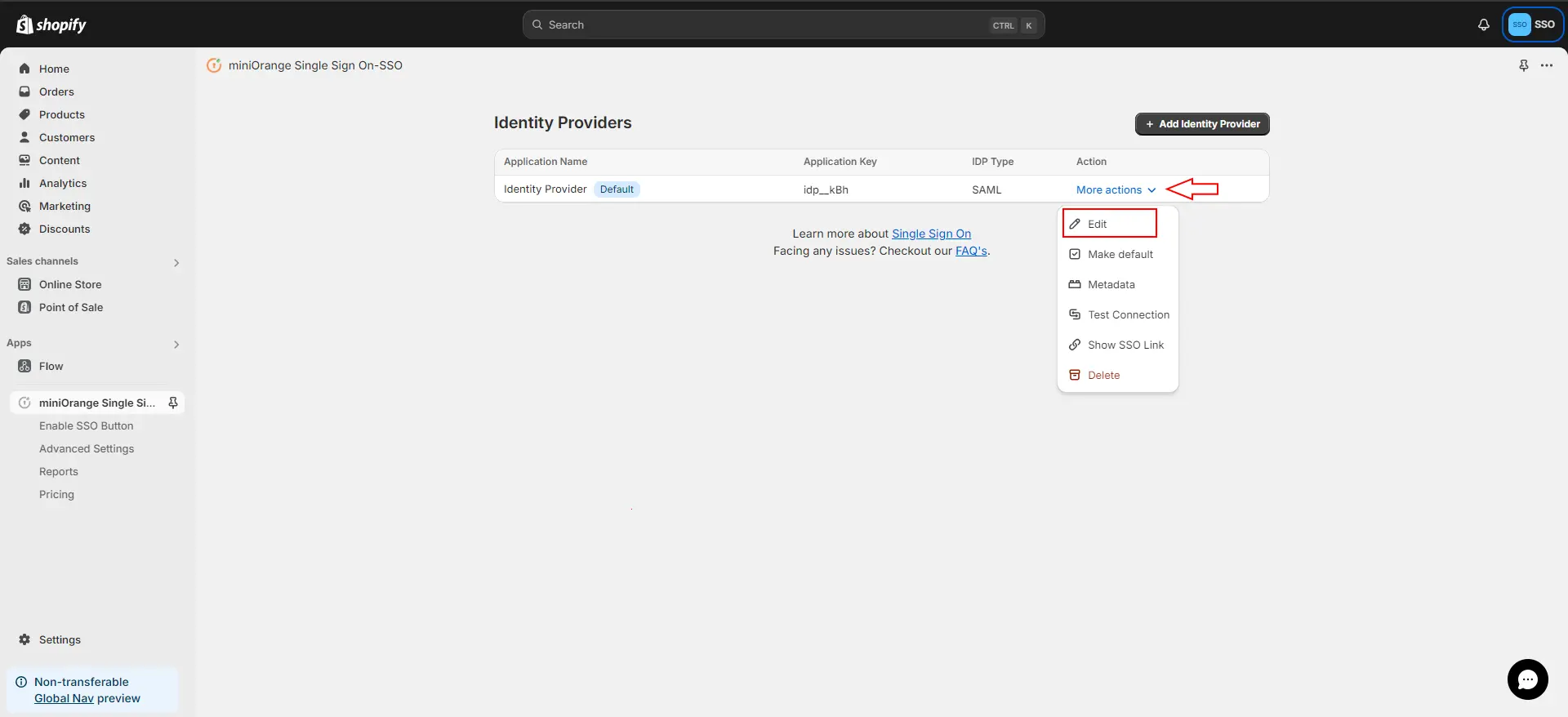 Shopify SSO - Edit IDP