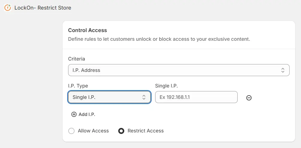 Shopify LockOn Application | miniOrange LockOn Application - Single IP Address