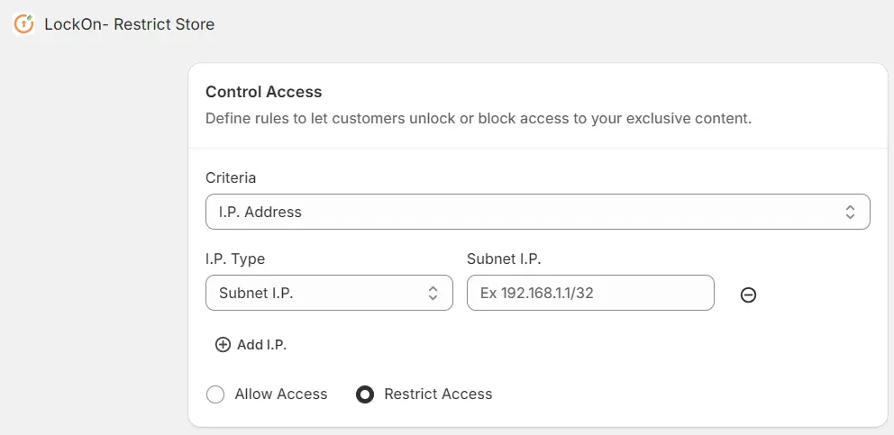 Shopify LockOn Application | miniOrange LockOn Application - Subnet IP Address