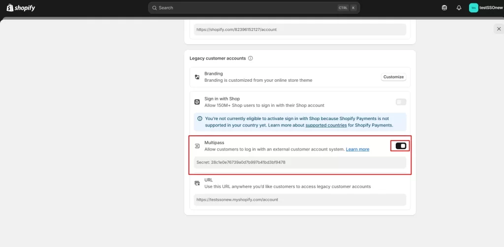 Shopify Multipass Token Enable Multipass