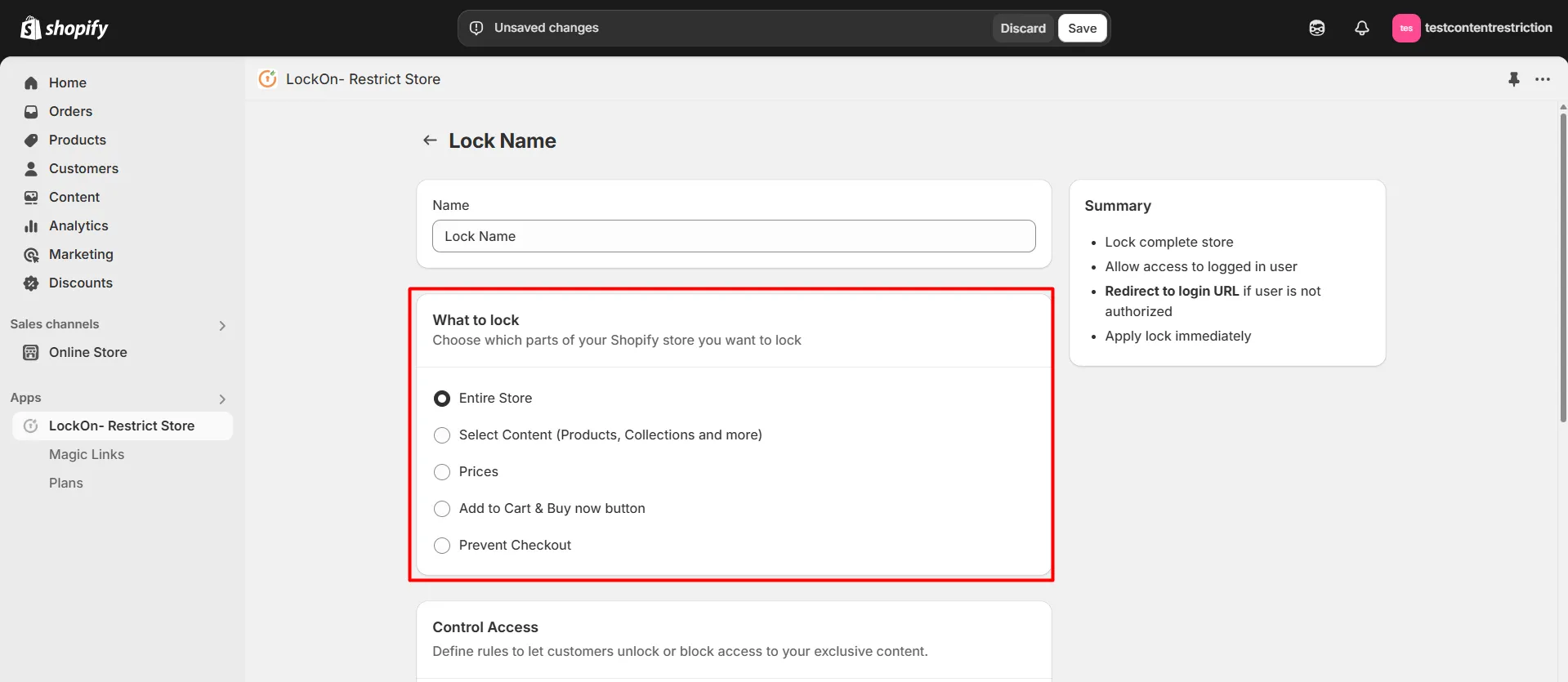choose the parts or content of your Shopify store you want to lock