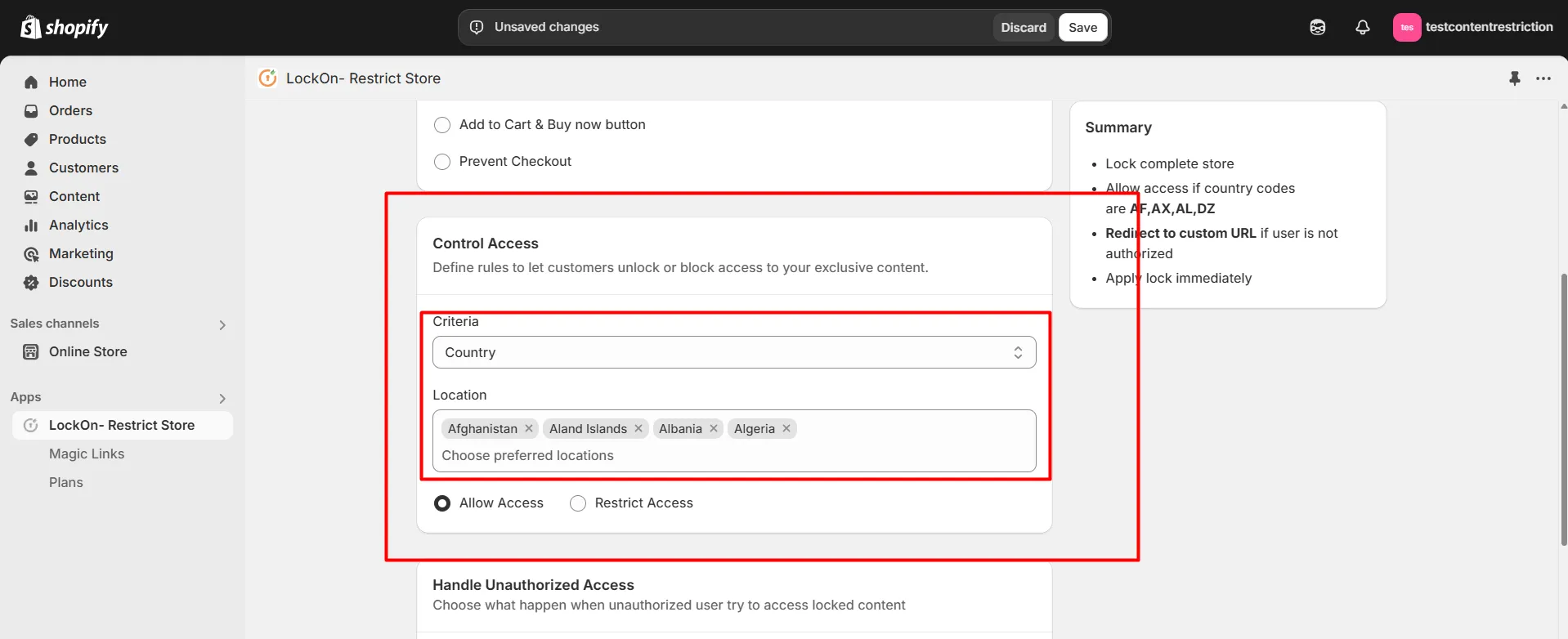 Select countries from where you want to allow or restrict users