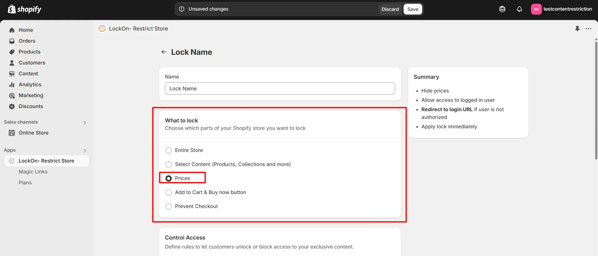 choose the parts or content of your Shopify store you want to lock