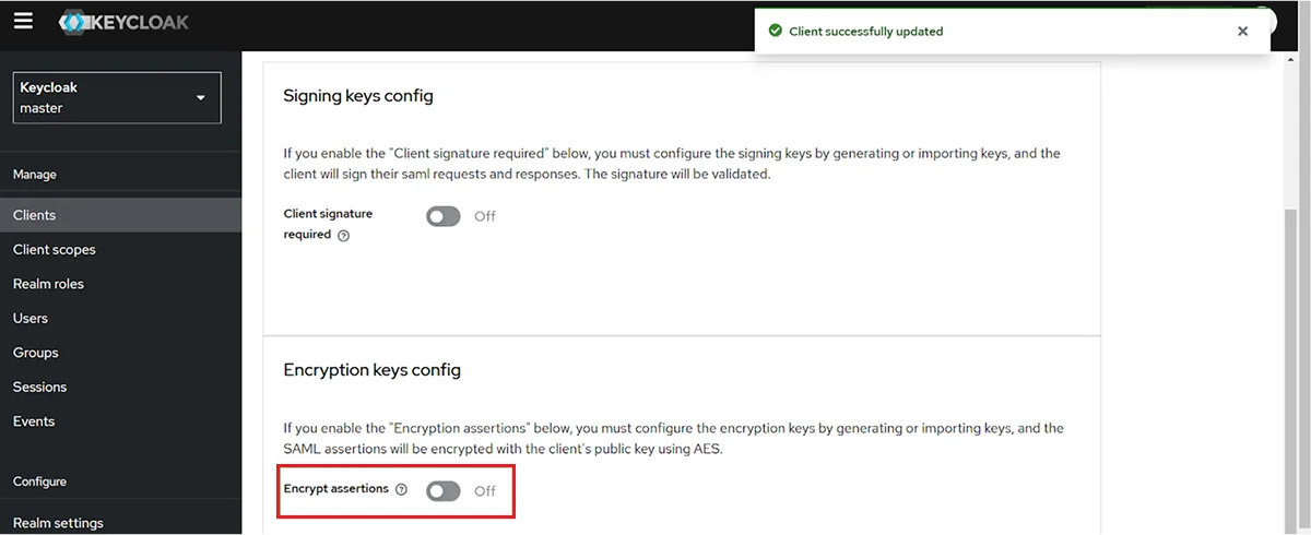 Disable Encrypt Assertions toggle
