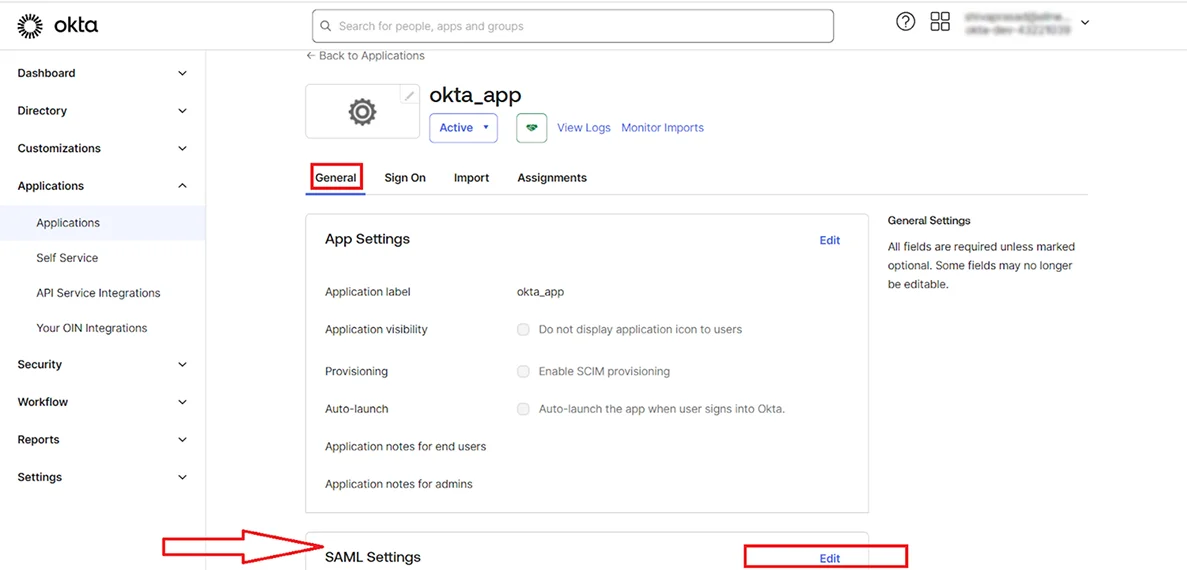 In General tab scroll down to SAML Setting