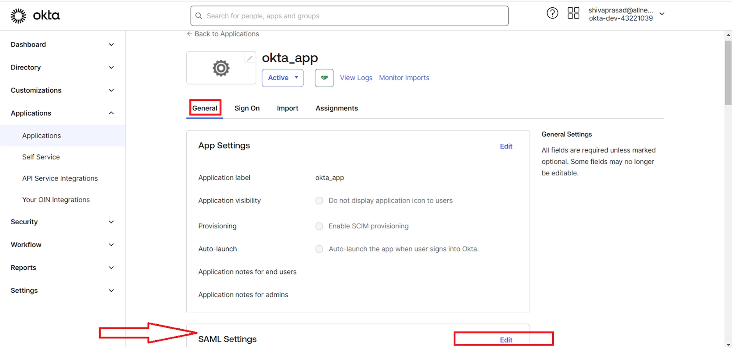 In General tab scroll down to SAML Setting