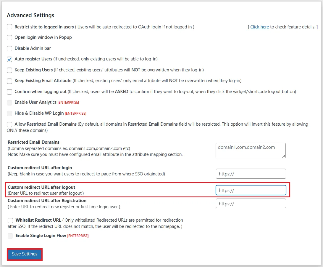 Set custom redirect url after logout