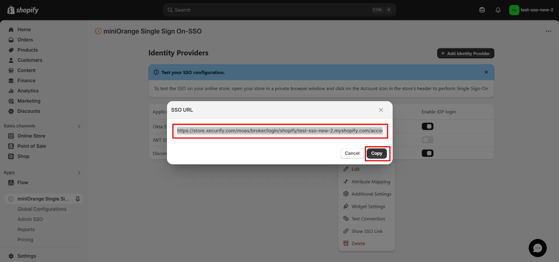 Copy SSO URL