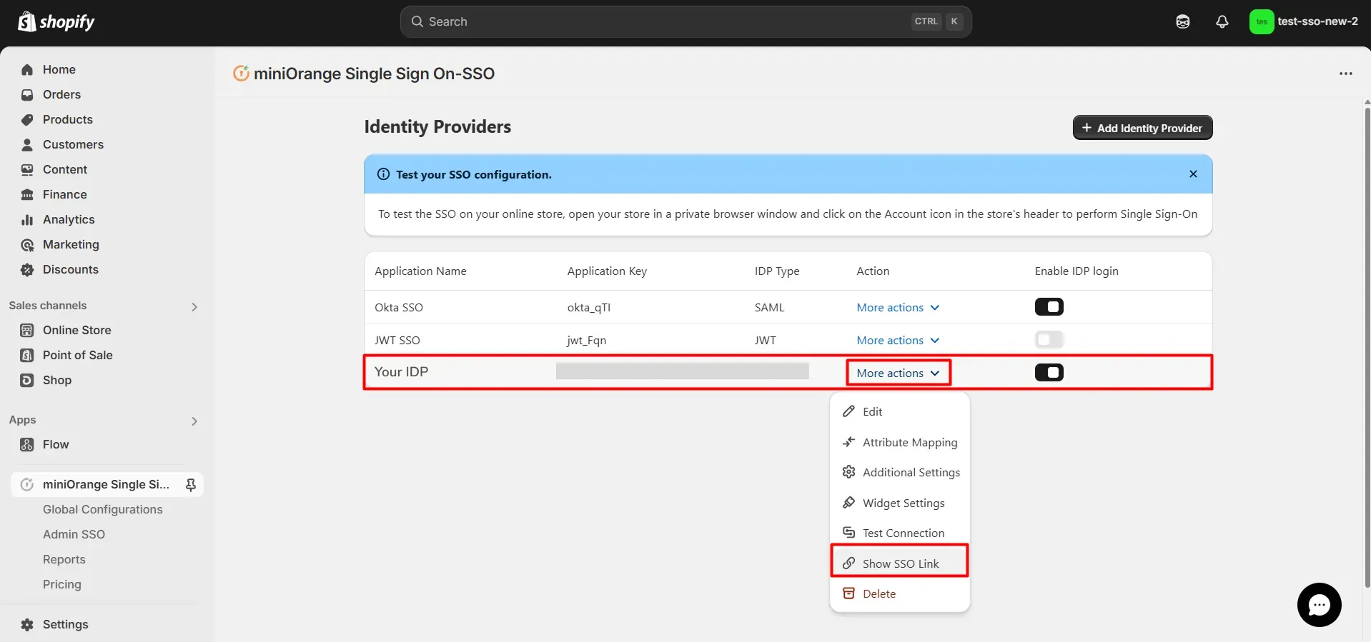Go to More actions against the IDP you have configured