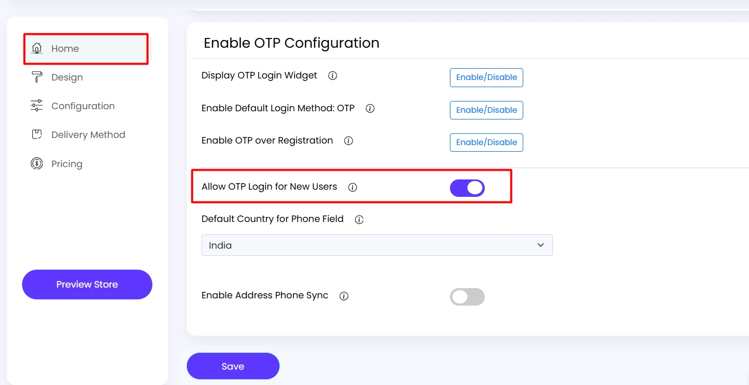 Enable the Allow OTP Login for New Users toggle