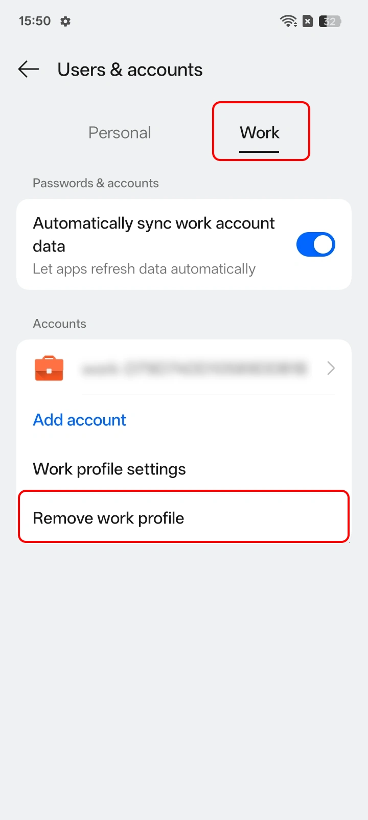 Select the Work tab and locate the Remove Work Profile option