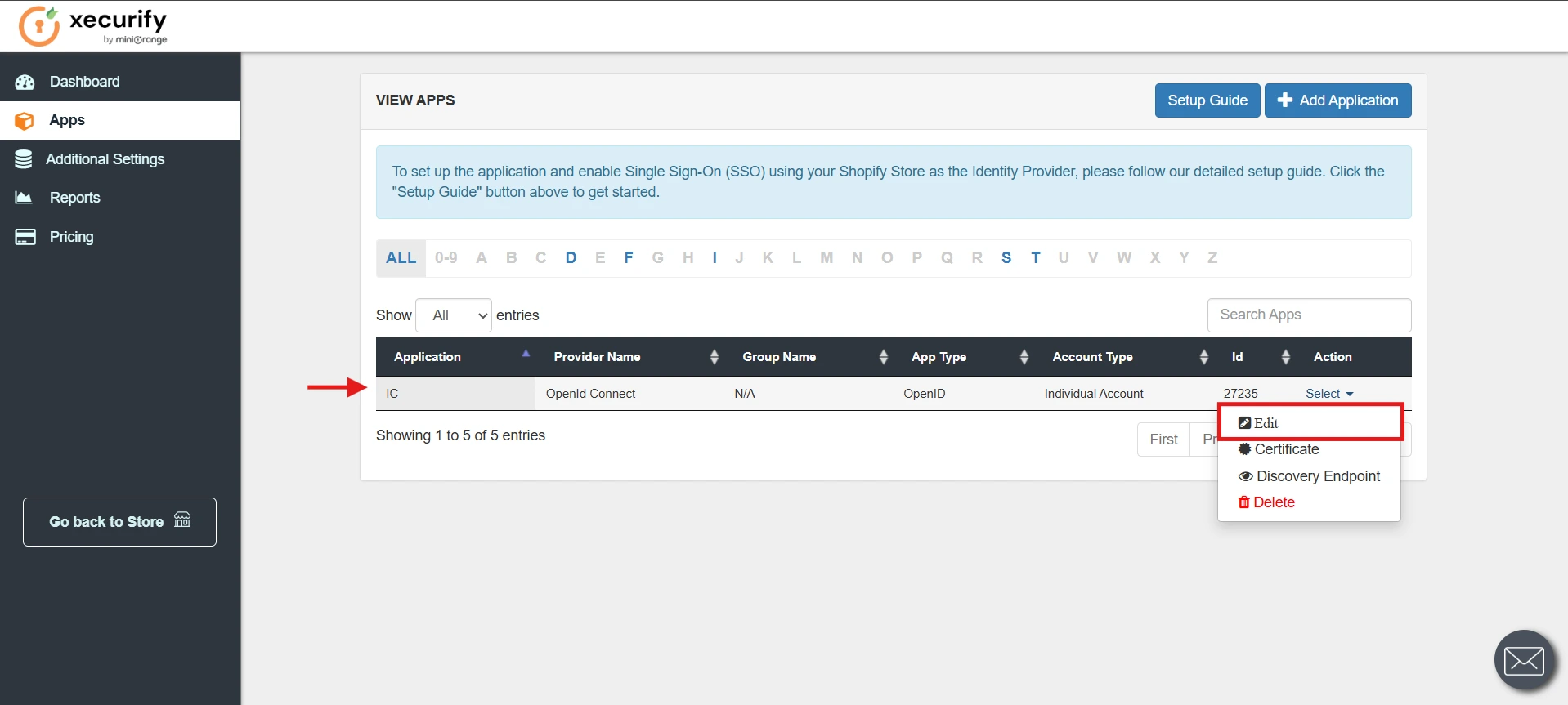 Shopify OIDC Application Edit