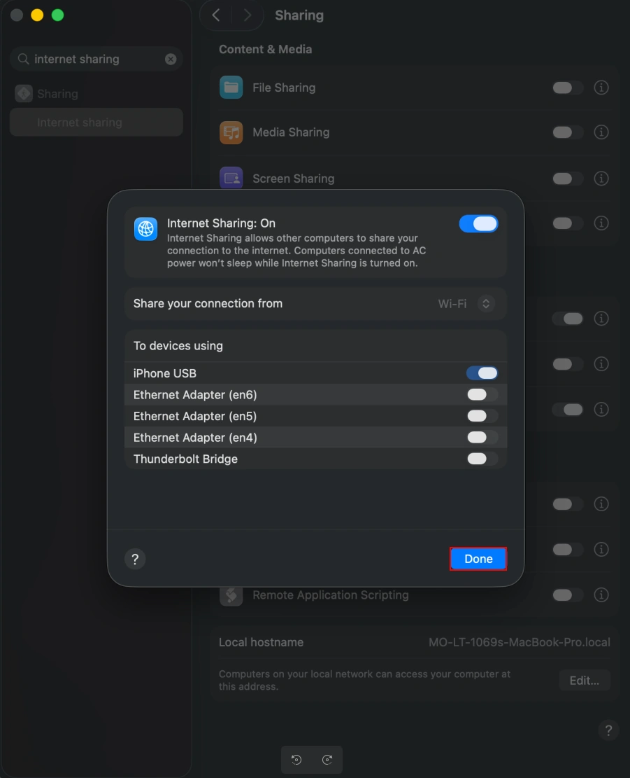 Share connection from Wi-Fi or Ethernet