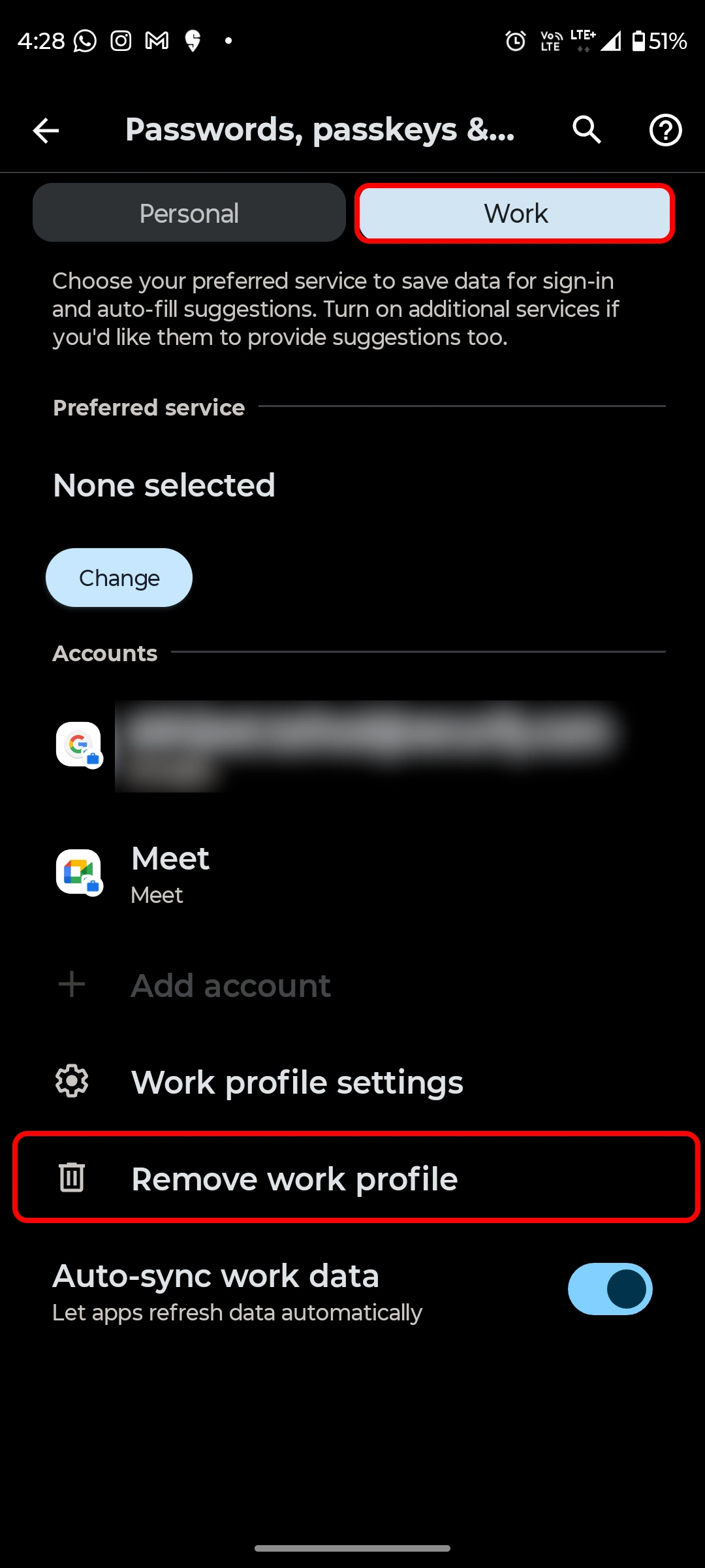 Navigate to Settings and go to Accounts or Users & accounts to remove work profile