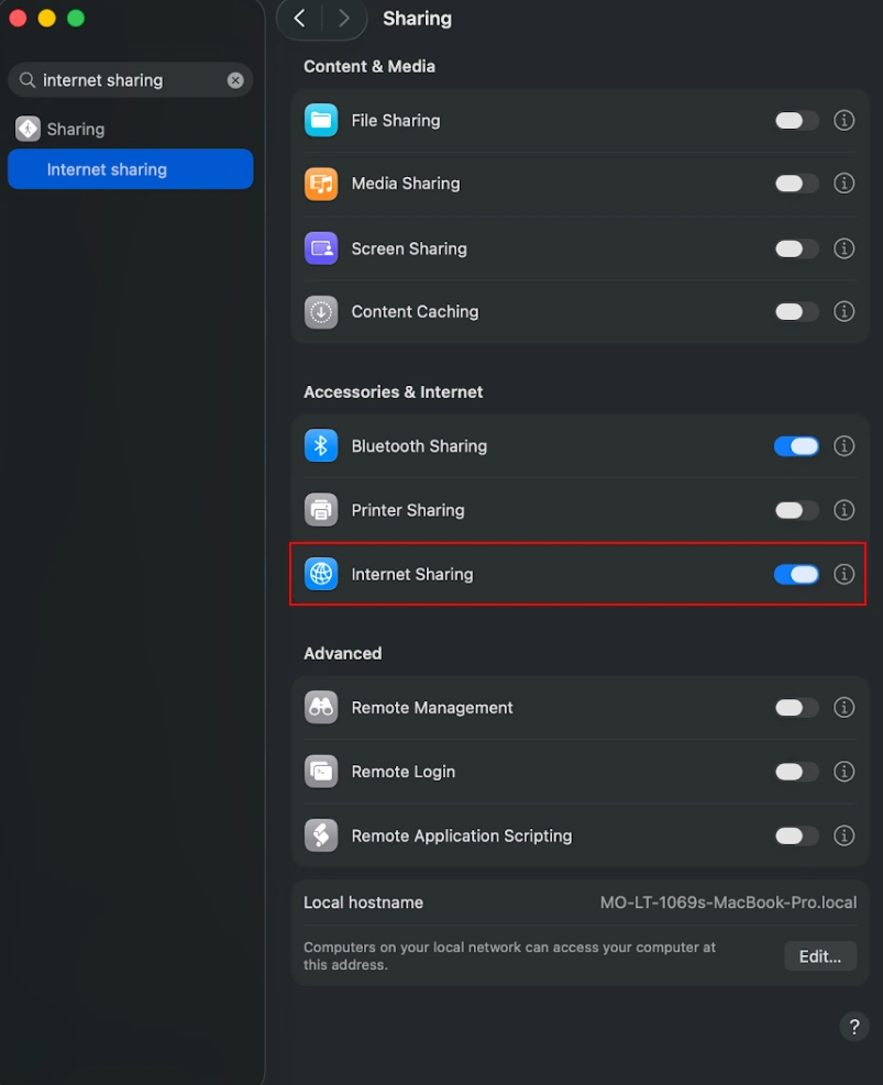 Enable Internet Sharing on the Mac