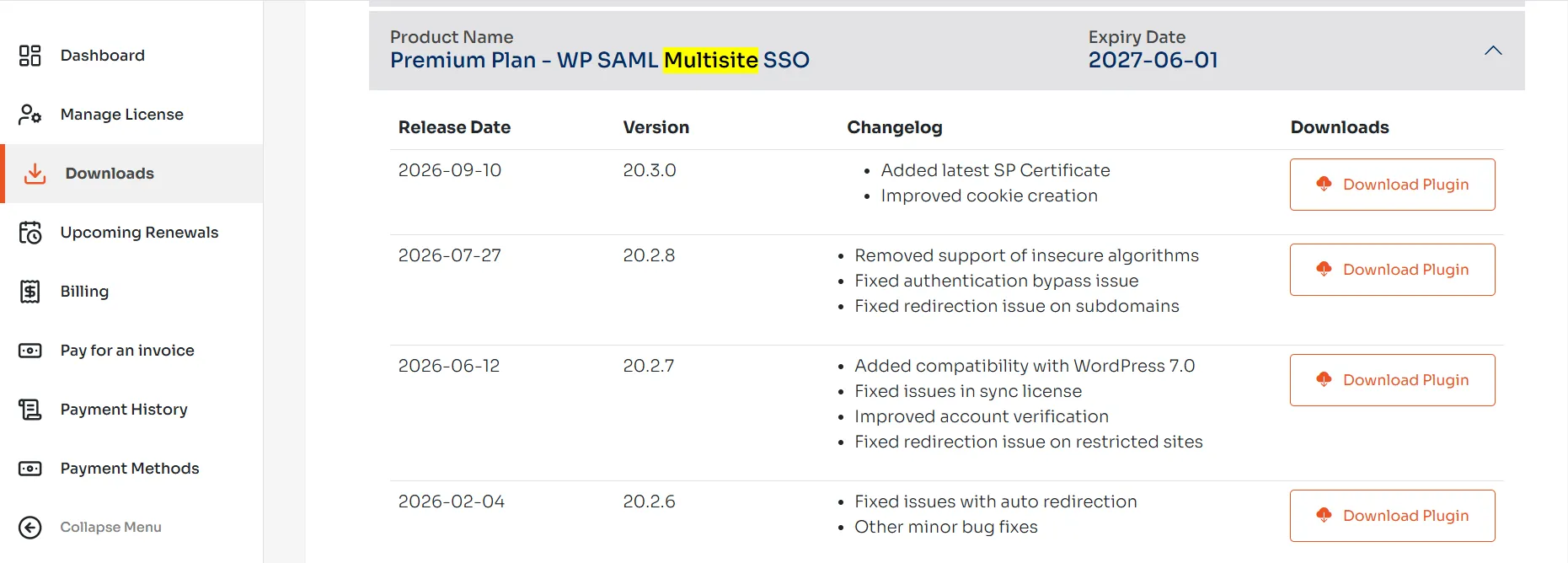 Download the latest multisite SAML plugin from miniOrange dashboard Downloads section