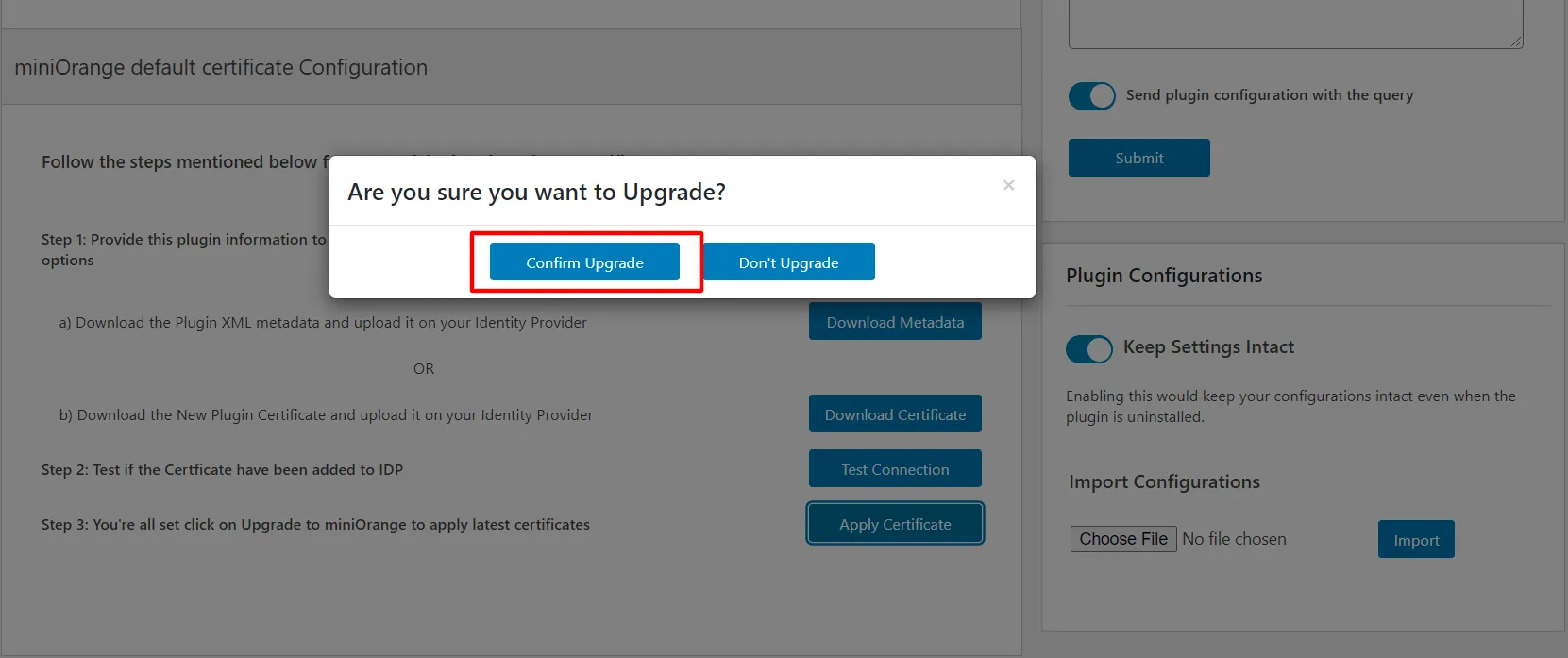Confirm certificate upgrade in miniOrange SAML plugin