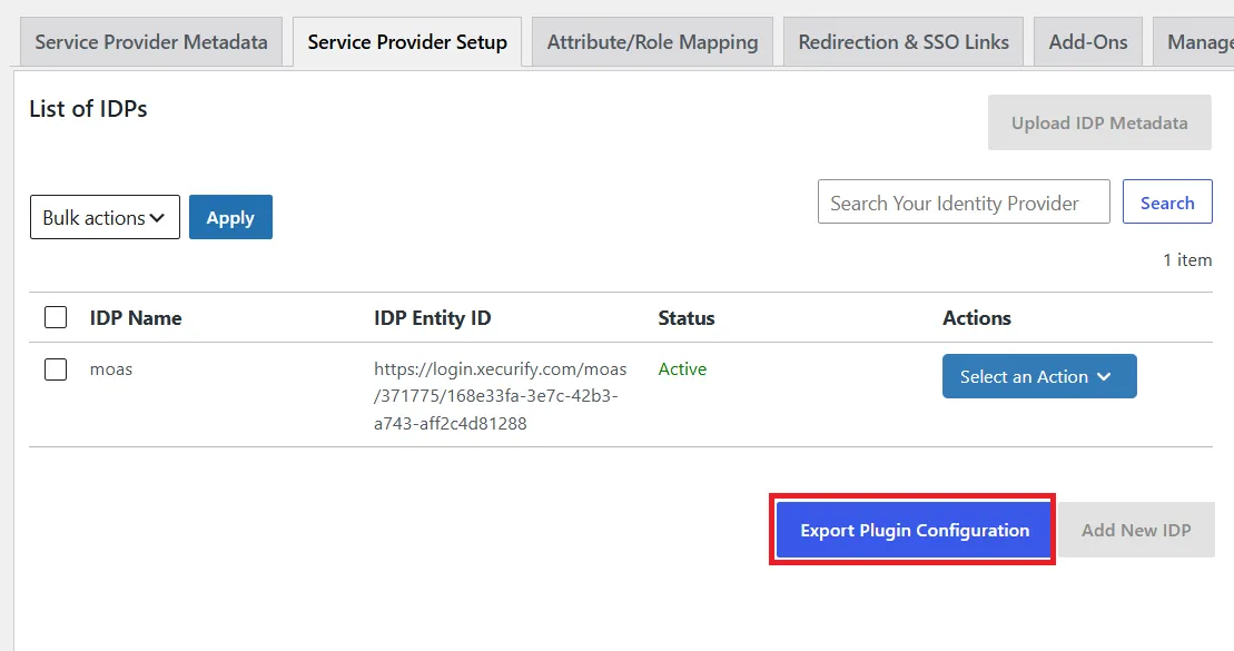 Export Plugin Configuration from miniOrange SAML Service Provider Setup