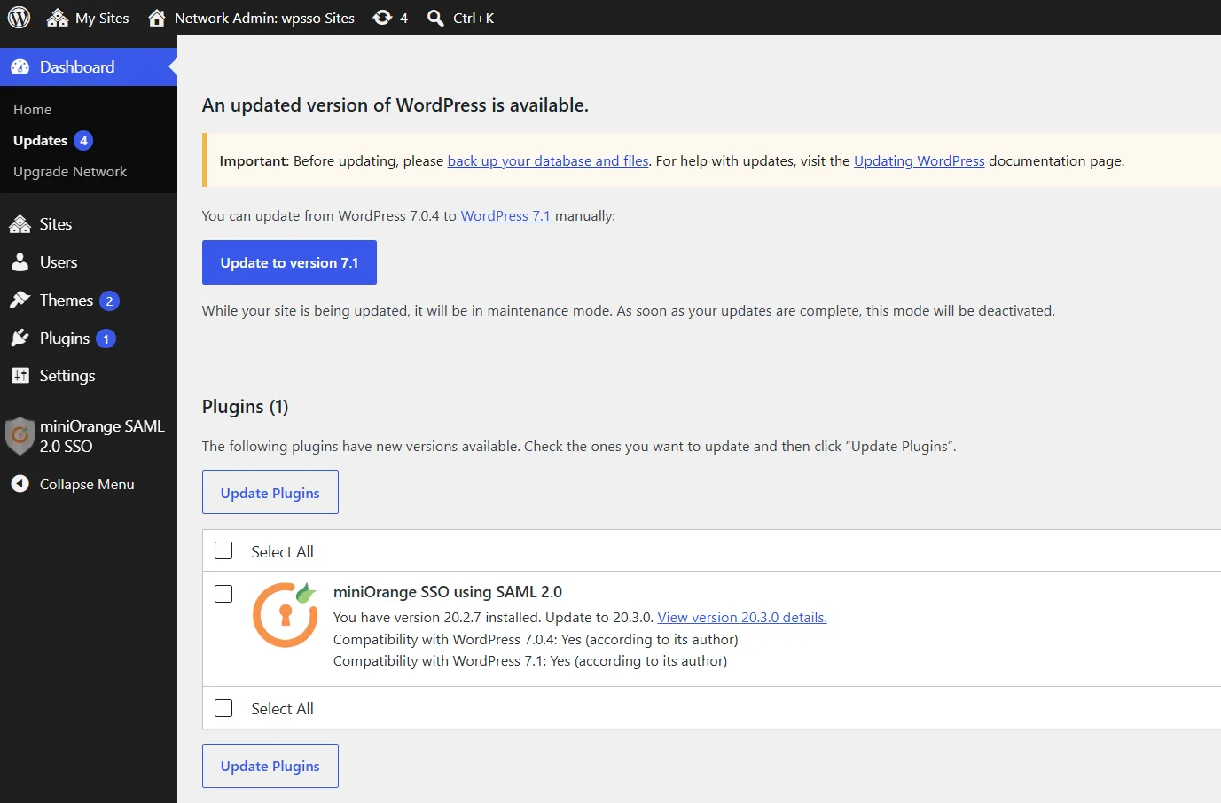 Navigate to WordPress Dashboard Updates section to update miniOrange SSO SAML plugin